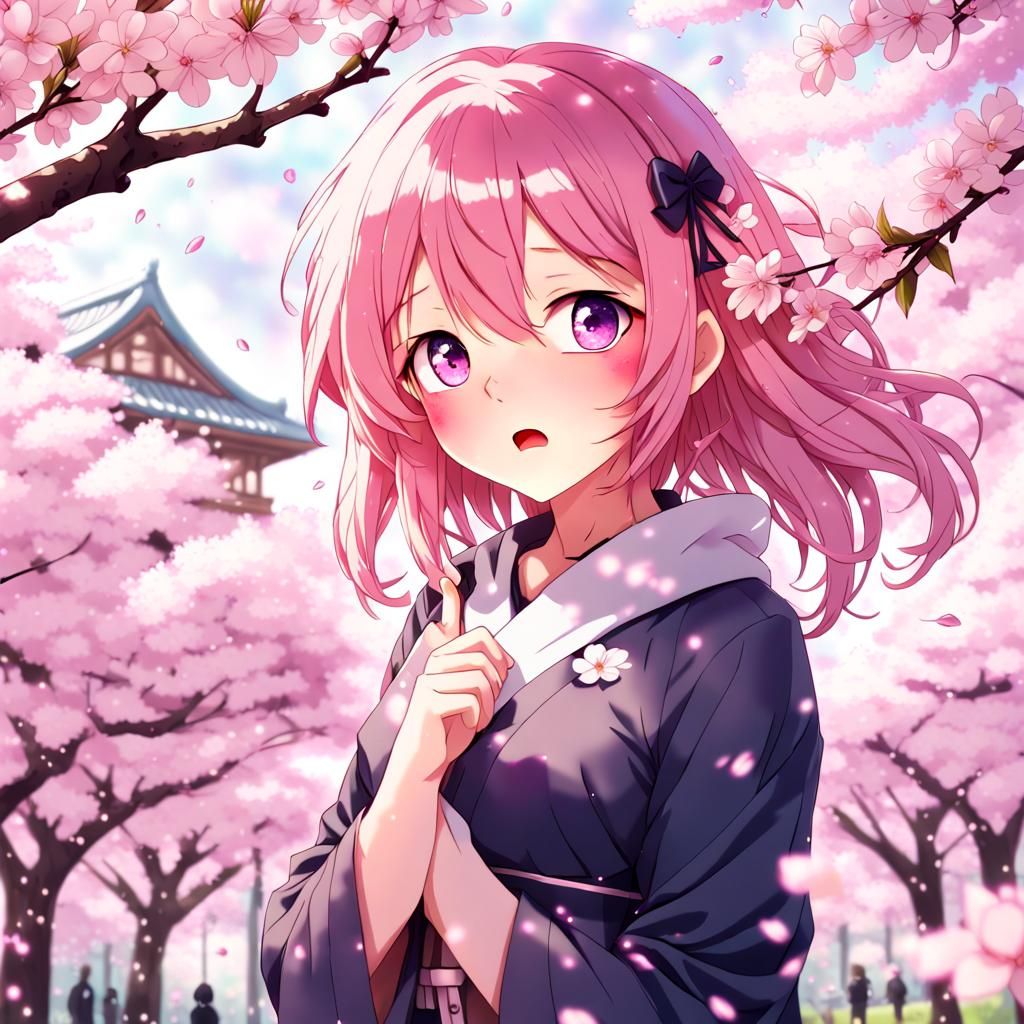 Blushing Pink-Haired Woman in Cherry Blossoms