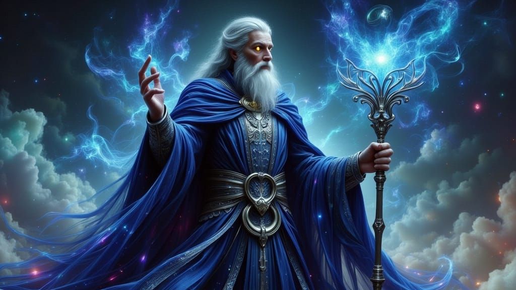 Ethereal Dark Fantasy Wizard in Indigo Robes with Shimmering...