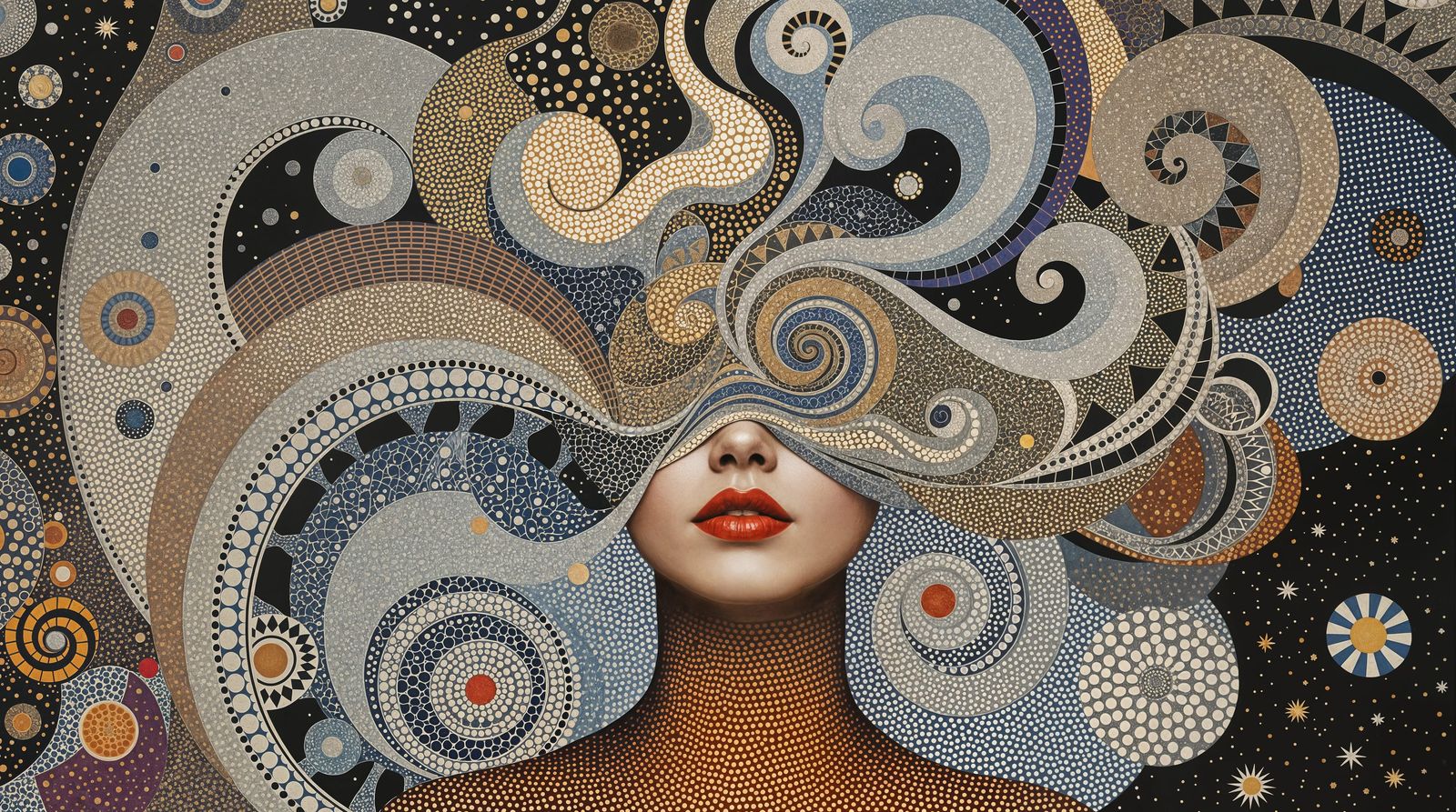 Surreal Dot Painting Portrait in Celestial Art Nouveau