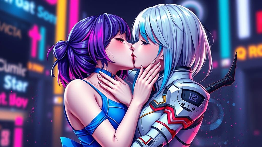 Anime Art: Woman Kisses Partner Goodbye in Futuristic Unifor...