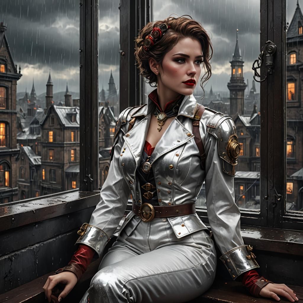 Steampunk Tomboy Gazing at Rainy Day, Hyperdetailed Art