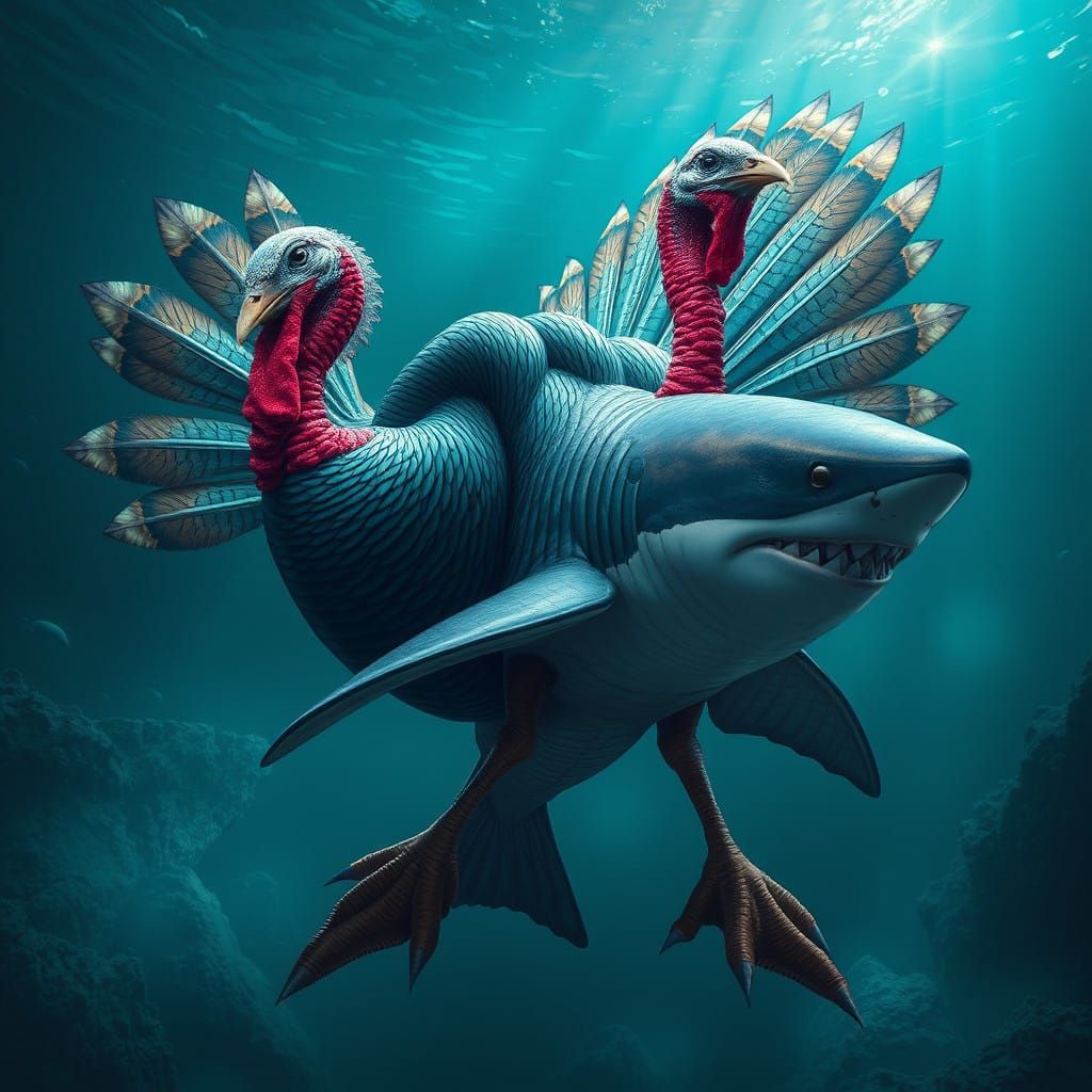 Majestic Turkey-Shark Hybrid with Vibrant Plumage and Regal...