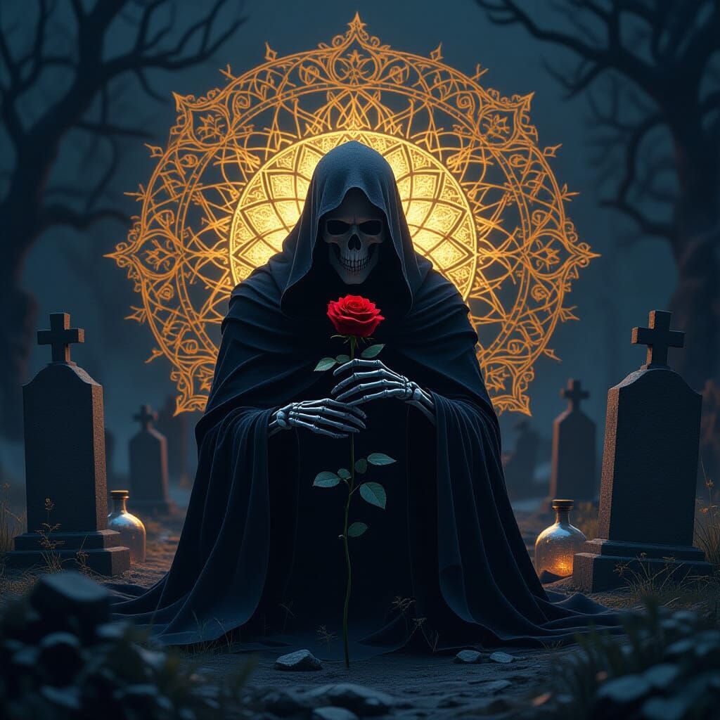 Skeleton With Red Rose in Graveyard, Dark Fantasy Art