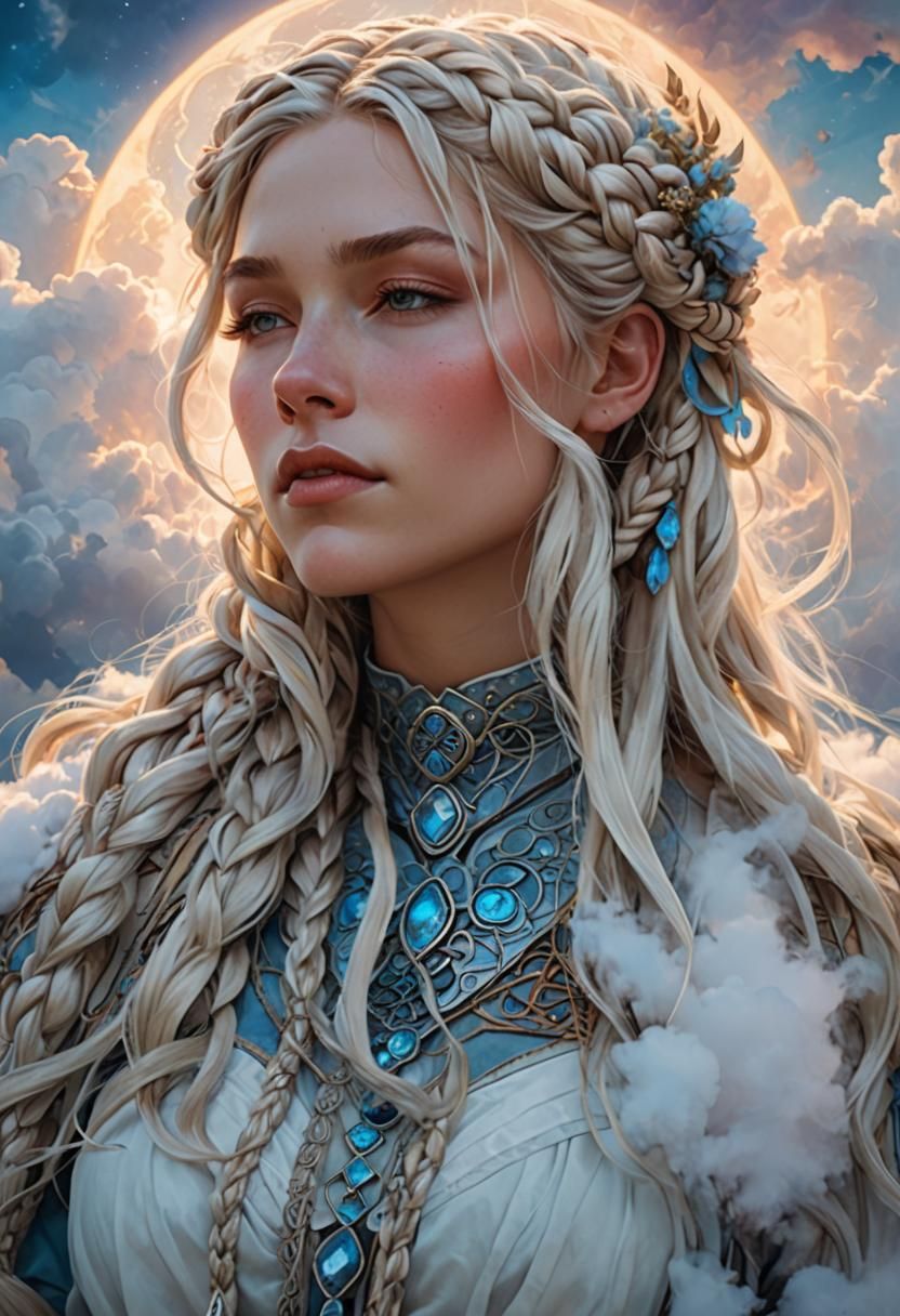 Viking Woman Sleeping in Clouds, Art Nouveau Style