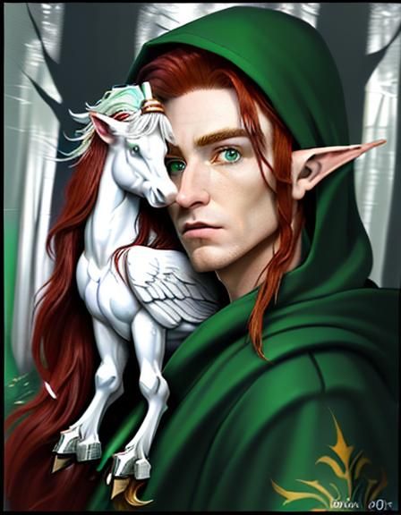 Elf Druid on Pegasus in Forest, Digital Painting