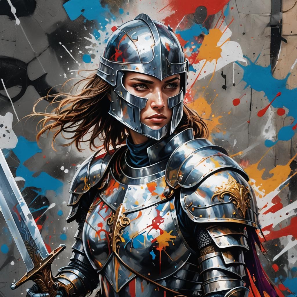 Female Knight Portrait in Graffiti Art Style