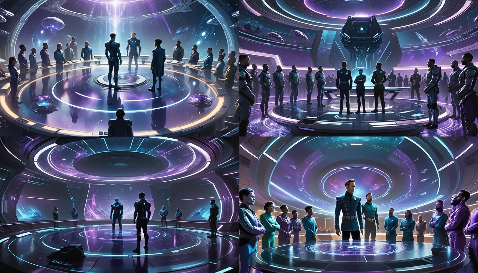 Futuristic Alien Council Chamber with Human Envoy
