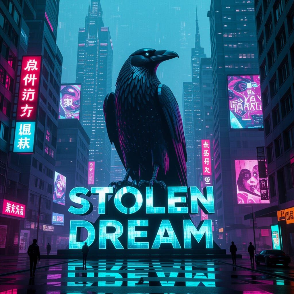 Cyberpunk Cityscape with Giant Robotics Raven and "Stolen Dr...