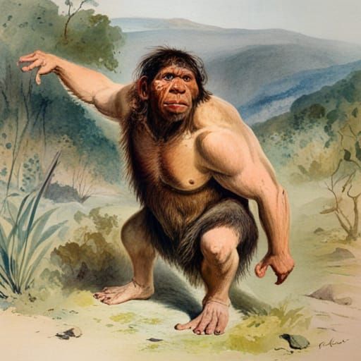 Neanderthal Portrait in Watercolor Style
