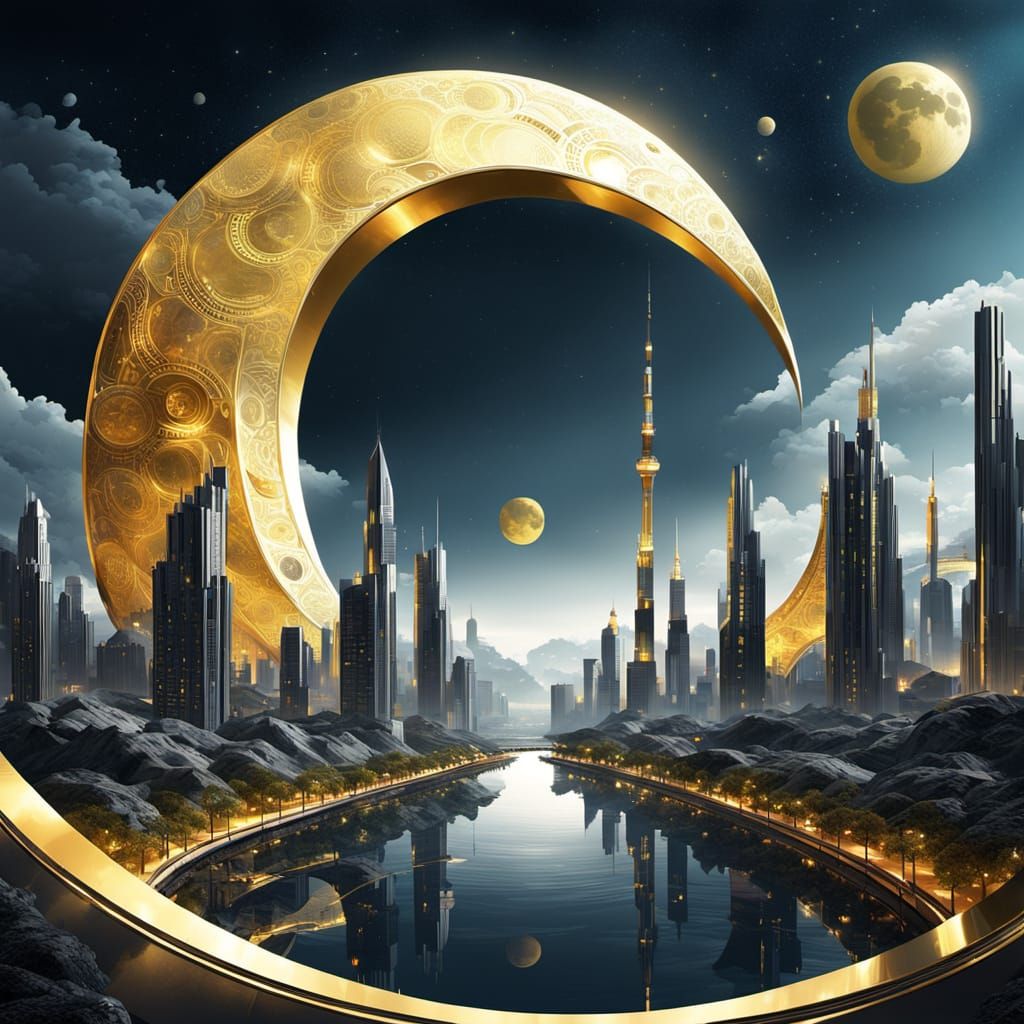Futuristic City on Crescent Moon in Chrome and Gold