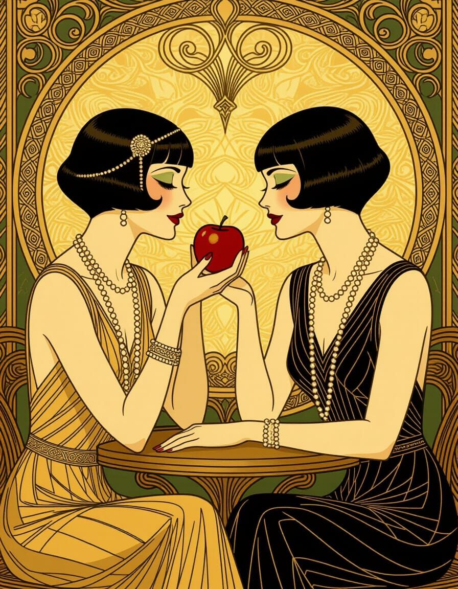 Art Deco Women with Apple in Golden Setting