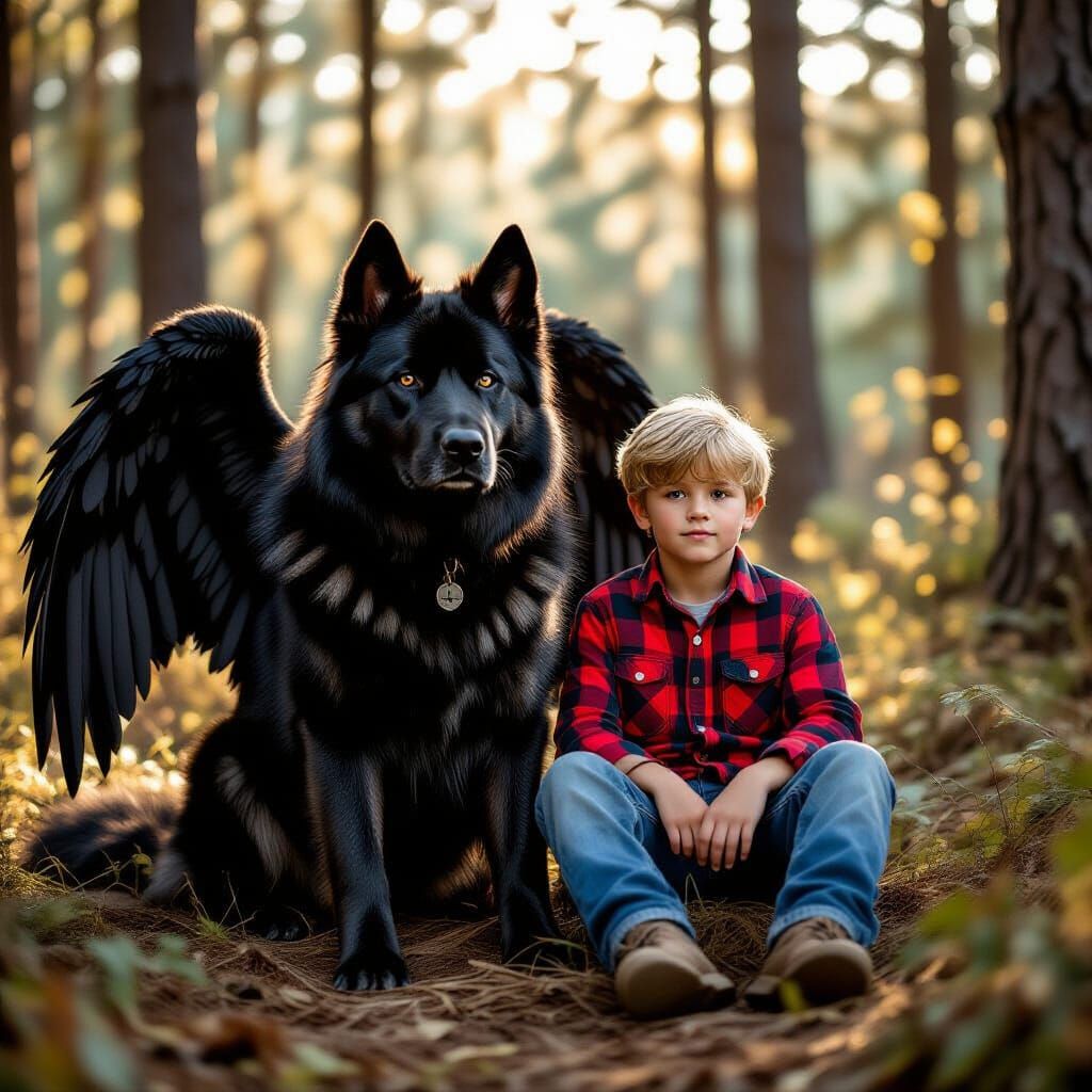 Boy with Cerberus Dog in Forest, Cinematic Film Still
