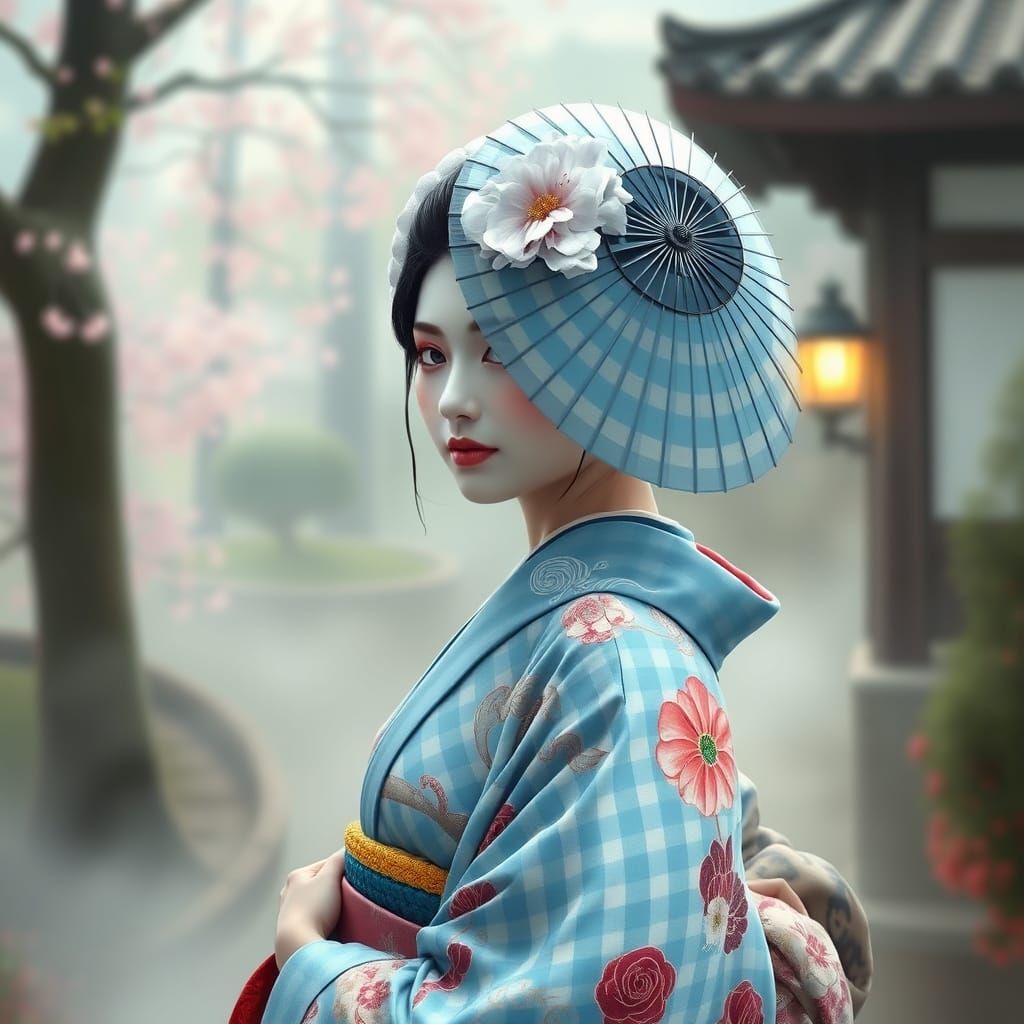Ethereal Fantasy Geisha in Gingham Kimono