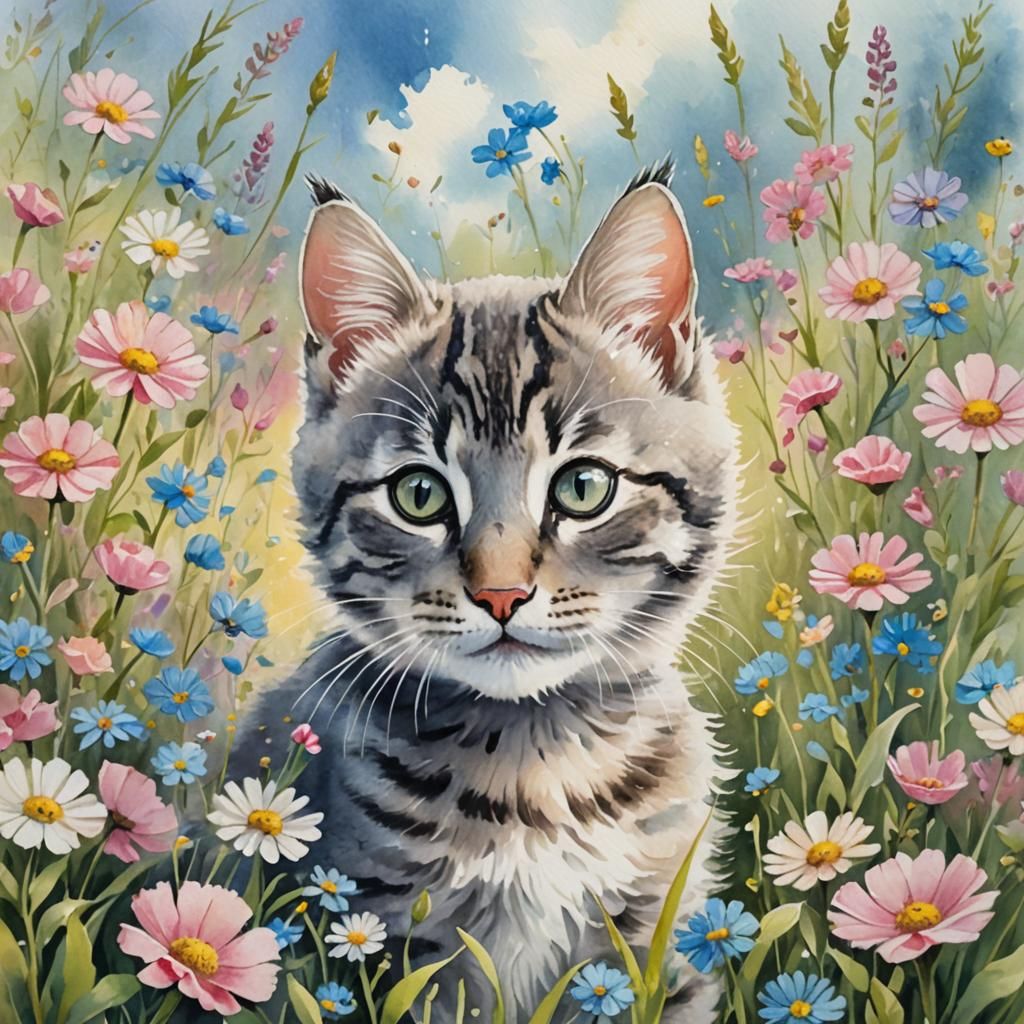 Gray Tabby Kitten in Flower Meadow, Watercolor Style