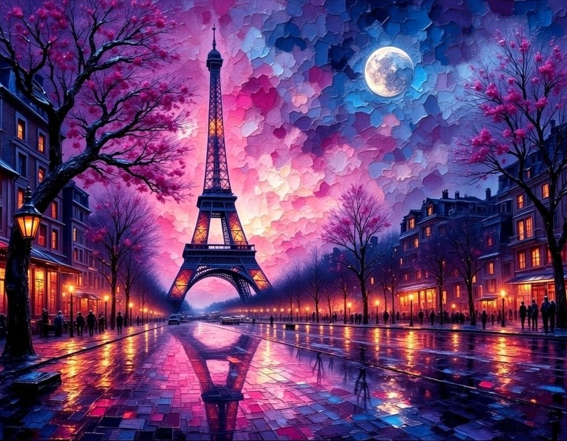 Impressionist Eiffel Tower Night Scene in Pink and Purple