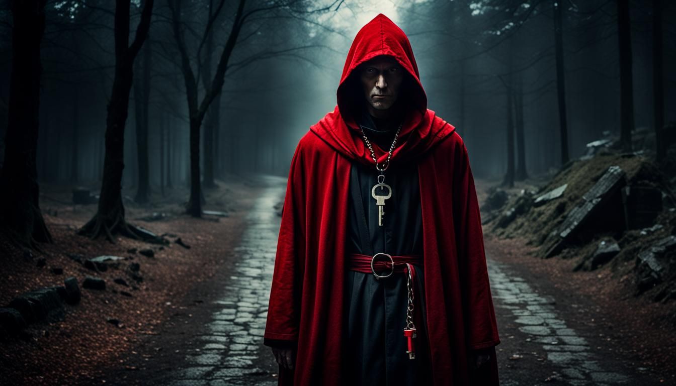 Monk in Red Hood with Key, Cinematic Still