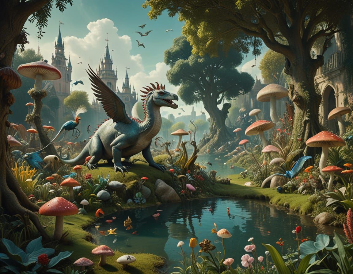 Surreal Dinosaur Garden in Hieronymus Bosch Style