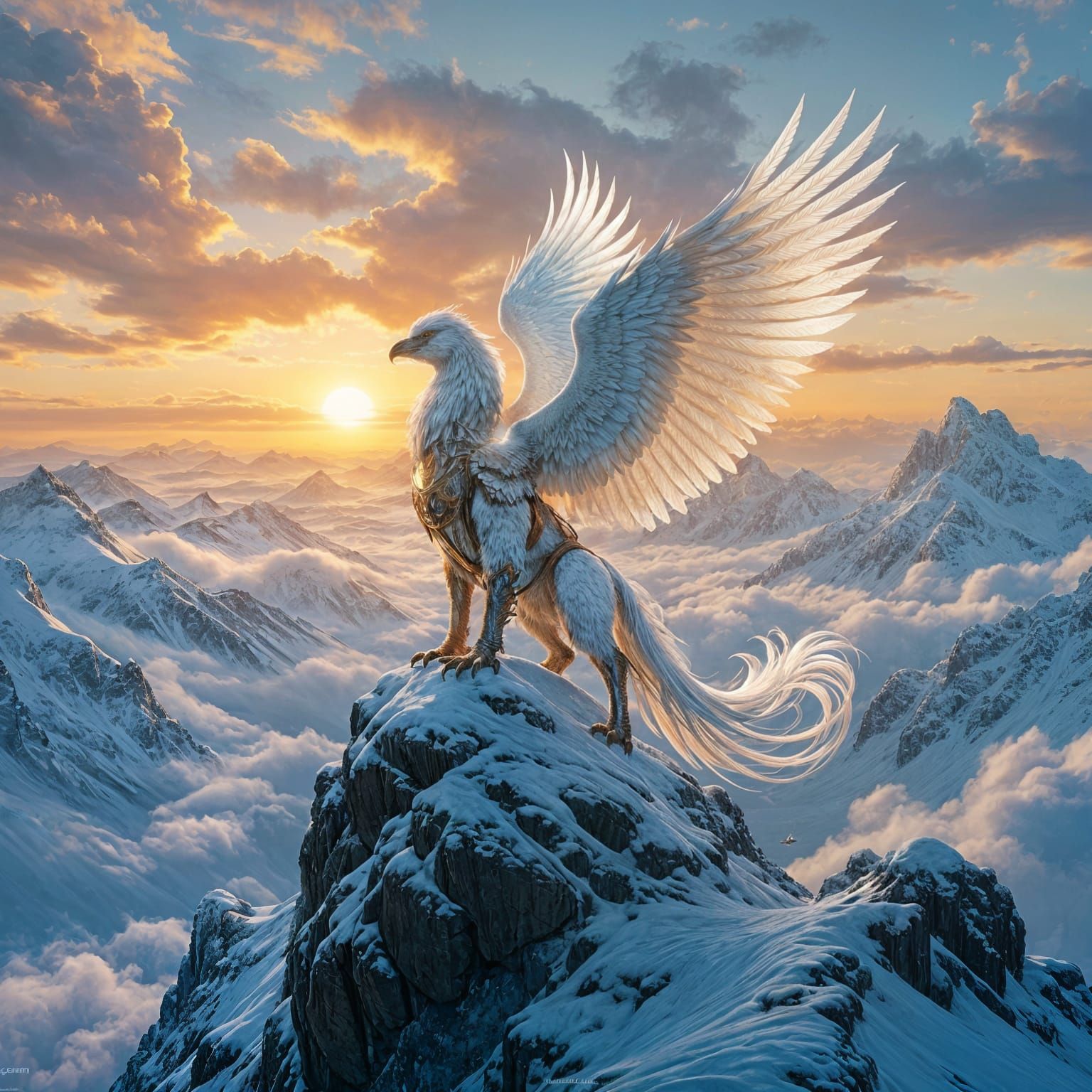 Griffin Perched Atop Snowy Mountain Peak