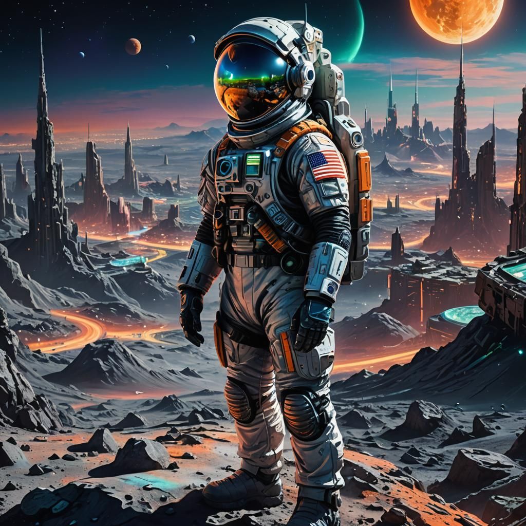 Neon Lunar Cityscape with American Soldier