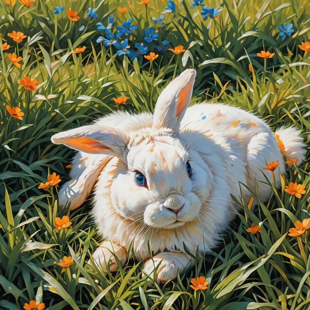 White Bunny in Grass: Abstract Expressionist Impasto