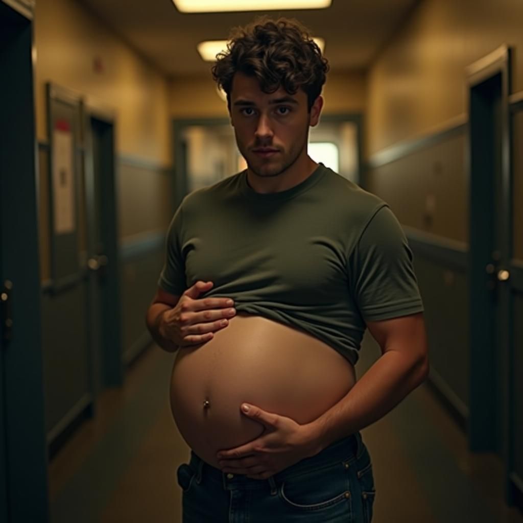Worried Young Man with Pregnant Belly in School