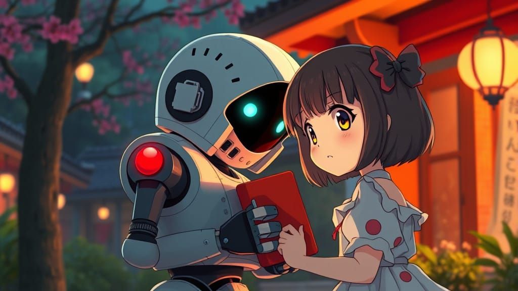 Little Girl Interacting with a Futuristic Mail Android