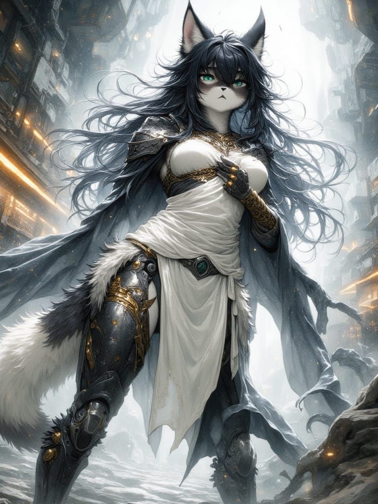 Furry Wolf Warrior in Sci-Fi Hangar, Watercolor Art