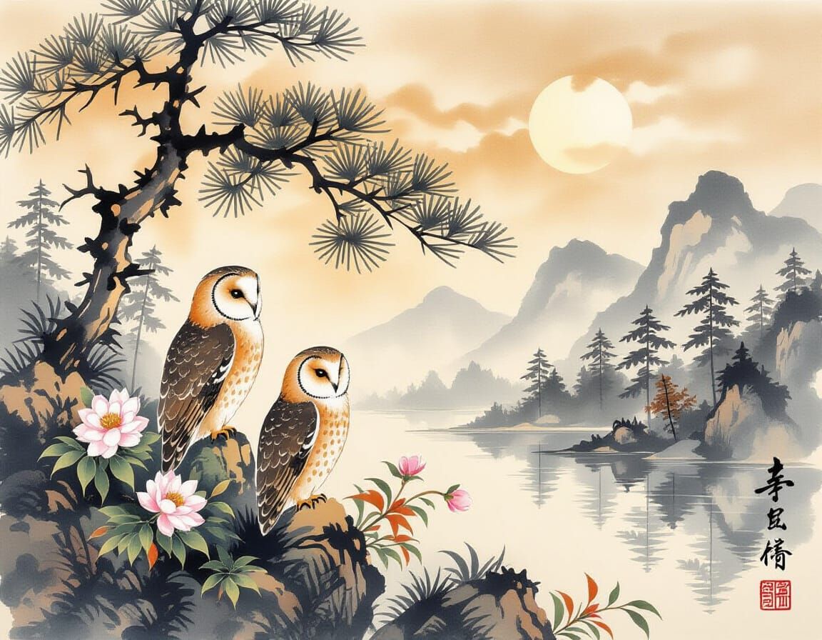 Owls in Pine Forest: Chinese Ink Painting