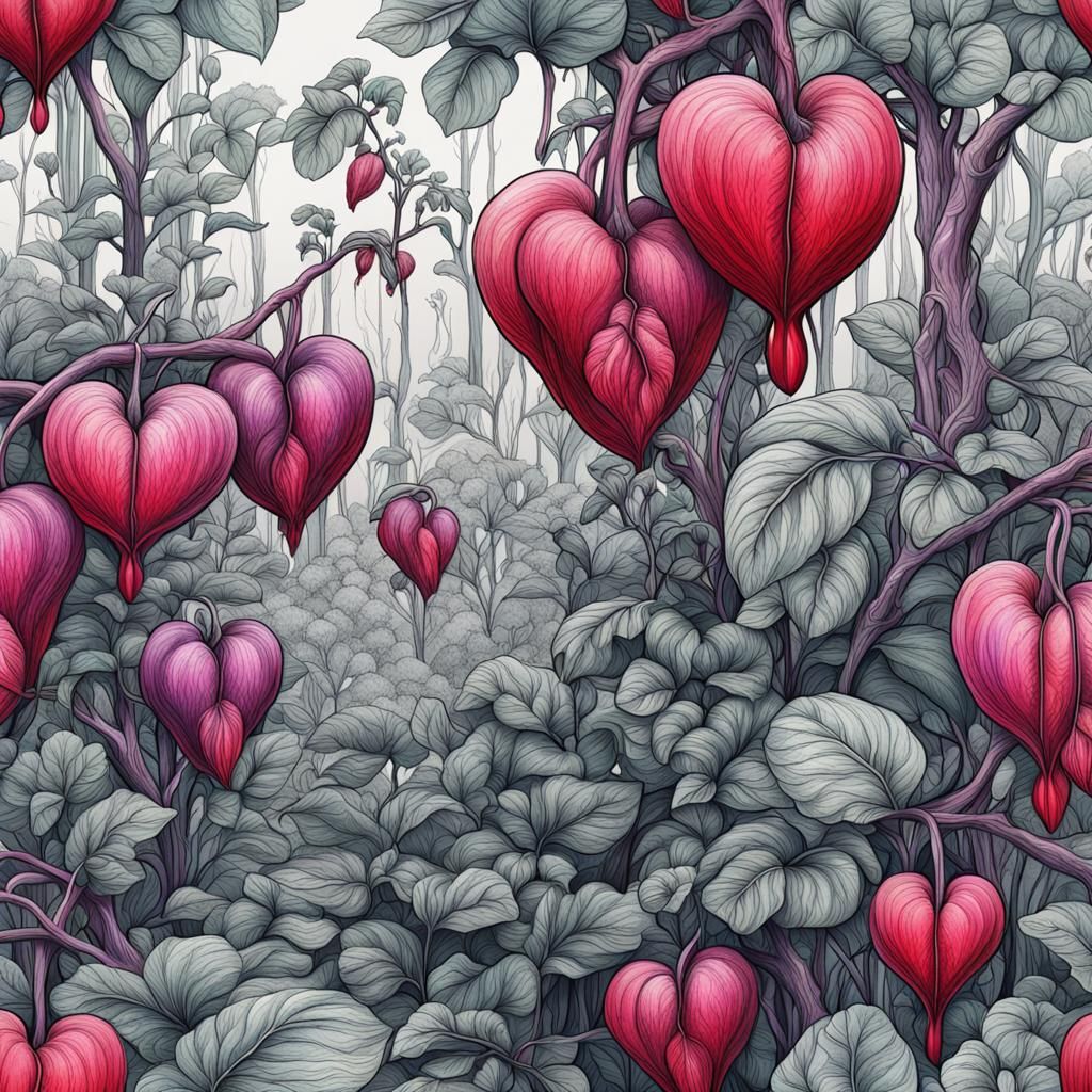 Detailed Ink Drawing of Bleeding Heart Plants