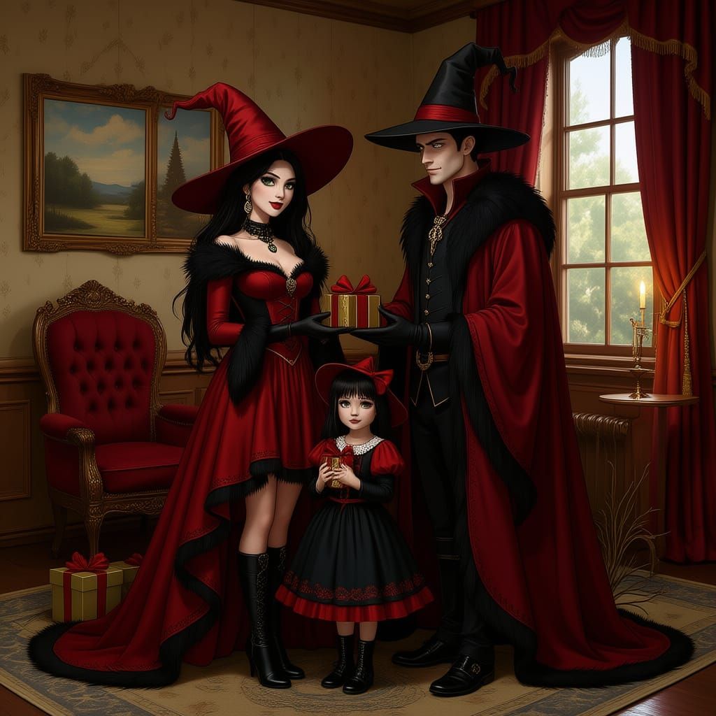 Witch, Wizard, and Girl by Spooky Christmas Tree
