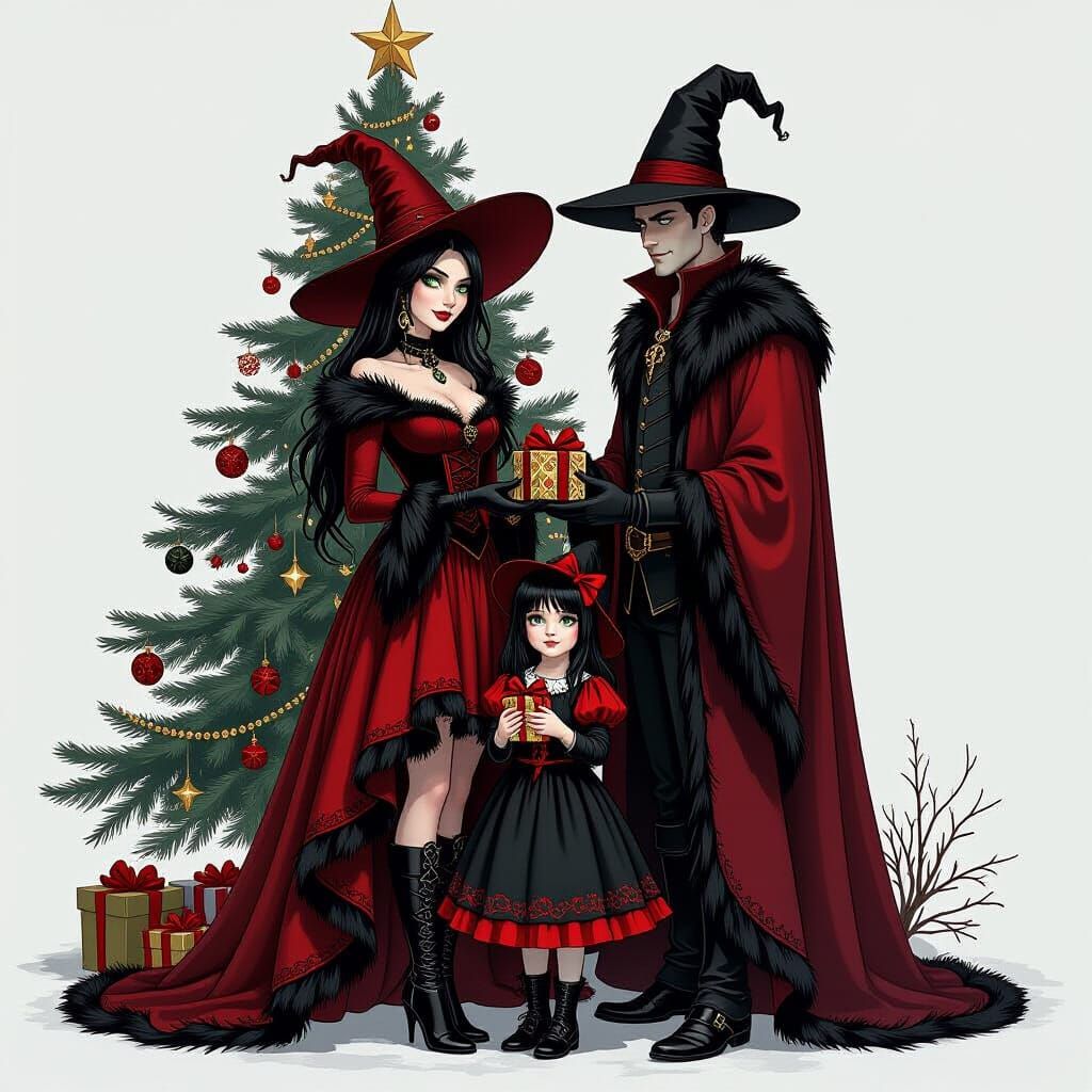 Gothic Fantasy Christmas Scene with Witches and Wizard