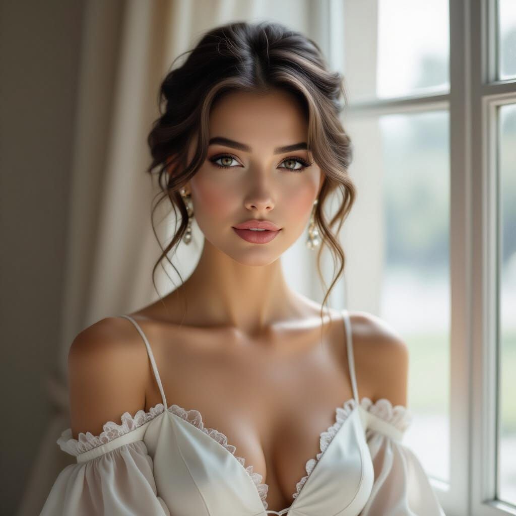 Elegant Woman Posing in Serene Environment: Realistic Digita...