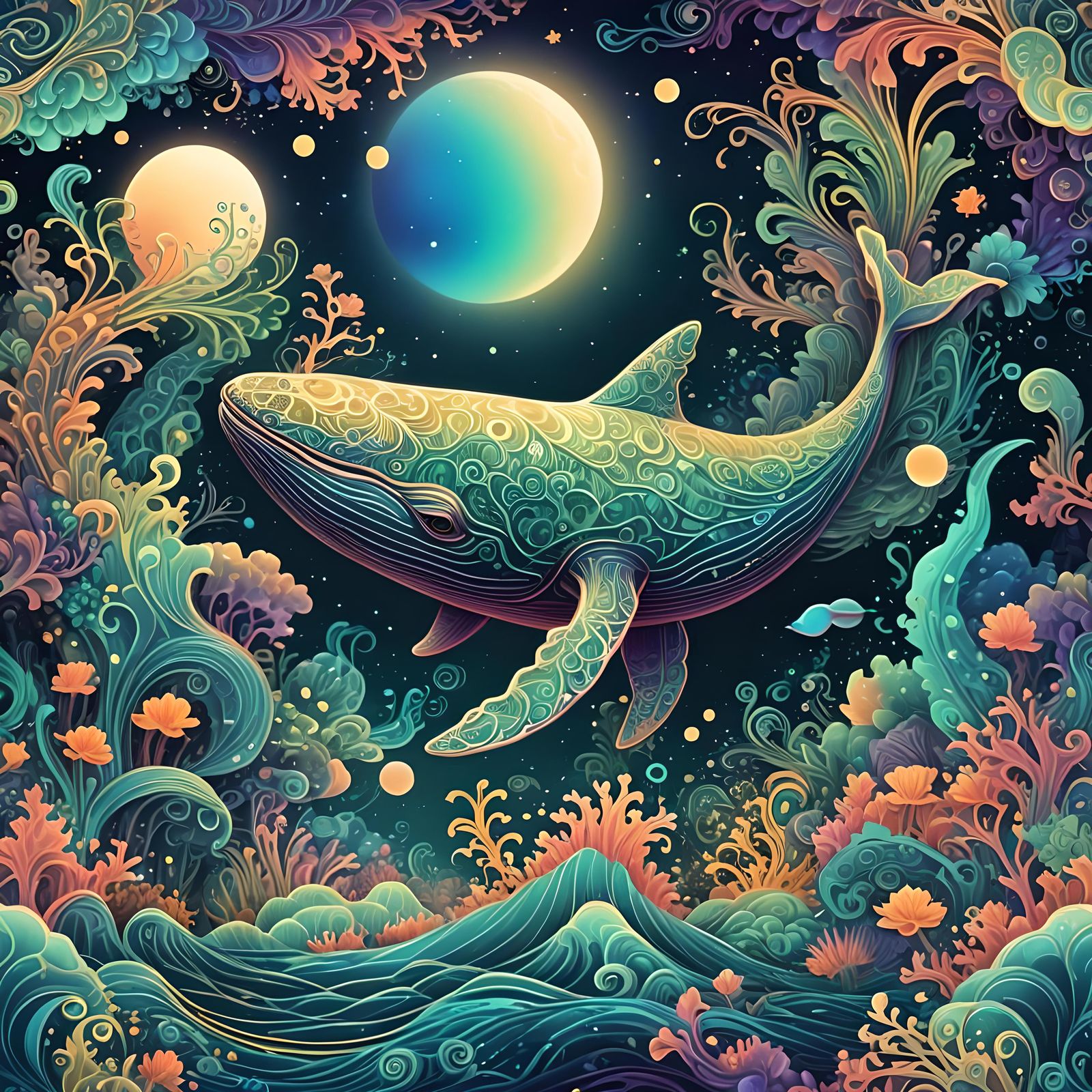 Underwater Flying Whale Dreamscape in Neon Fractal Art