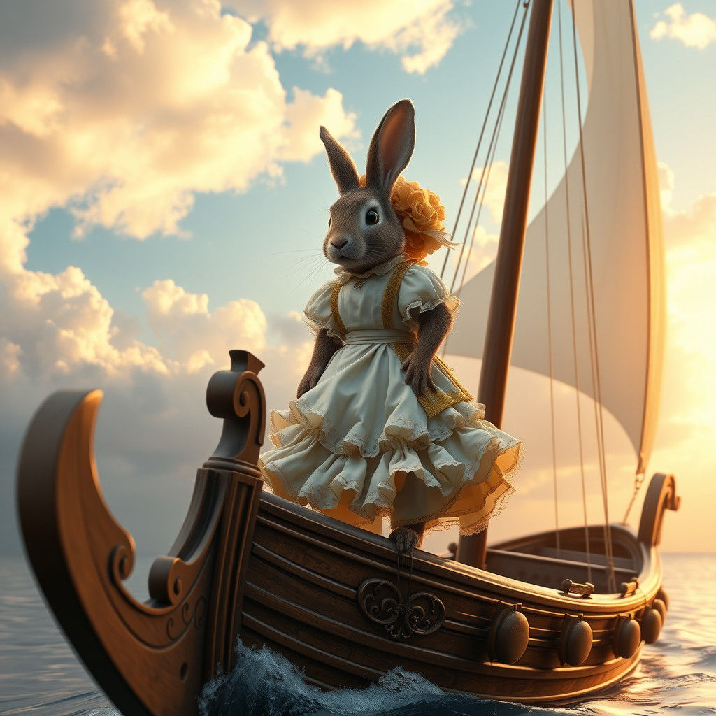 Rabbit on Ornate Sailboat in Dreamy Landscape