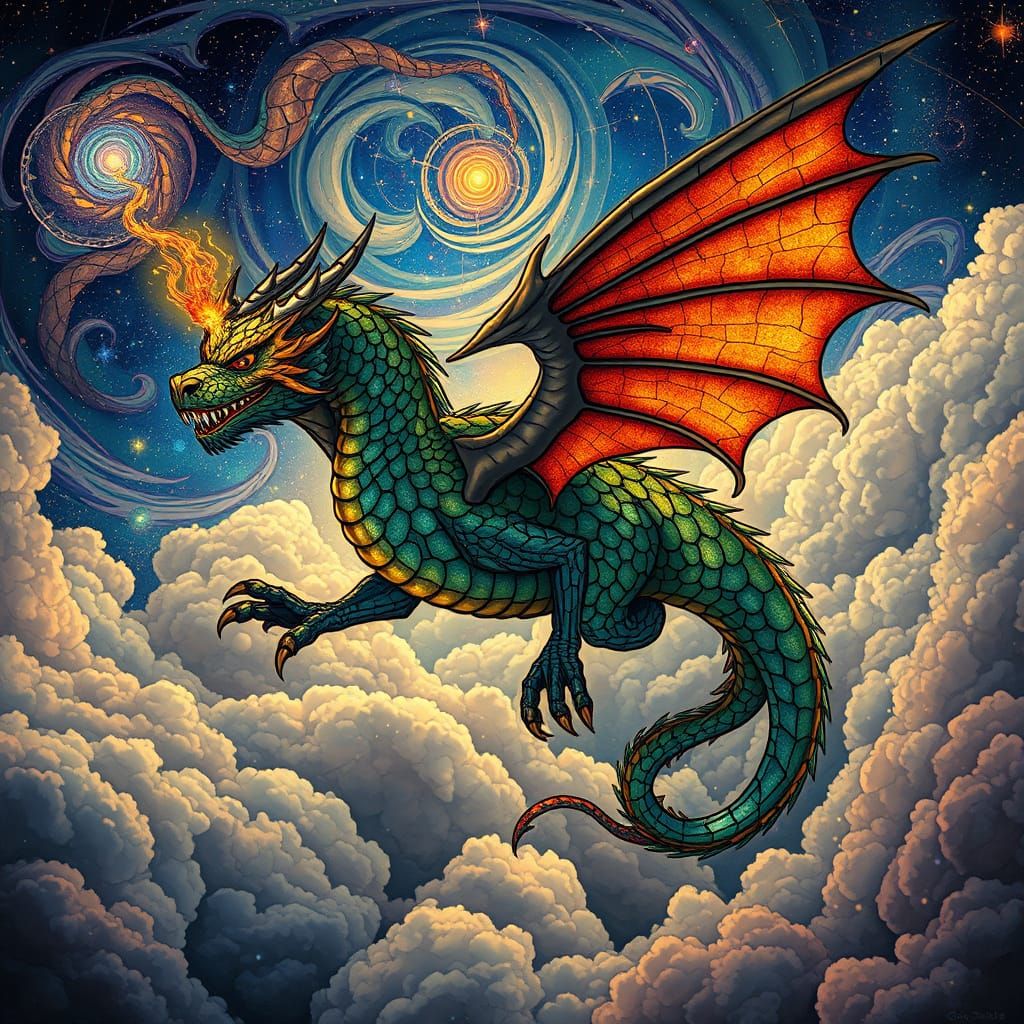 Stained Glass Dragon Soaring Through Galaxy