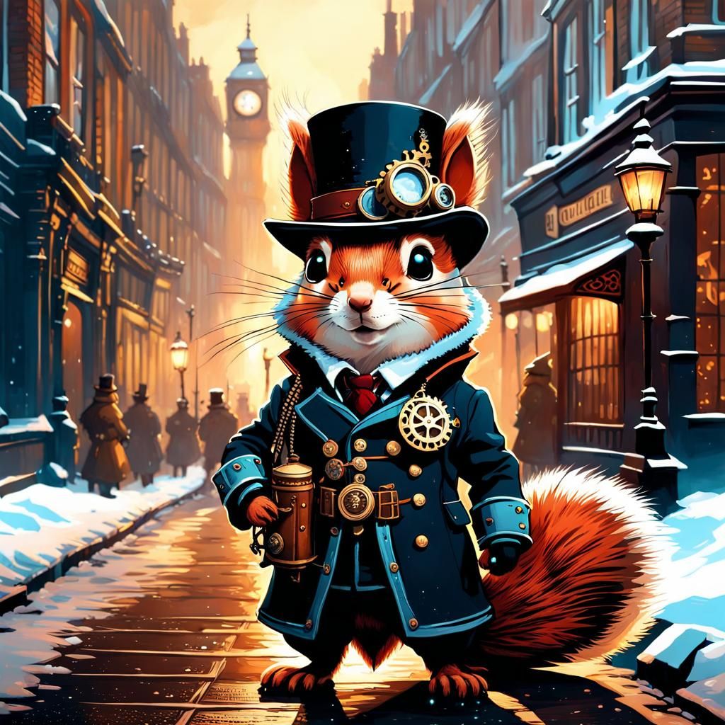 Steampunk Chibi Squirrel in London: Detailed Portrait