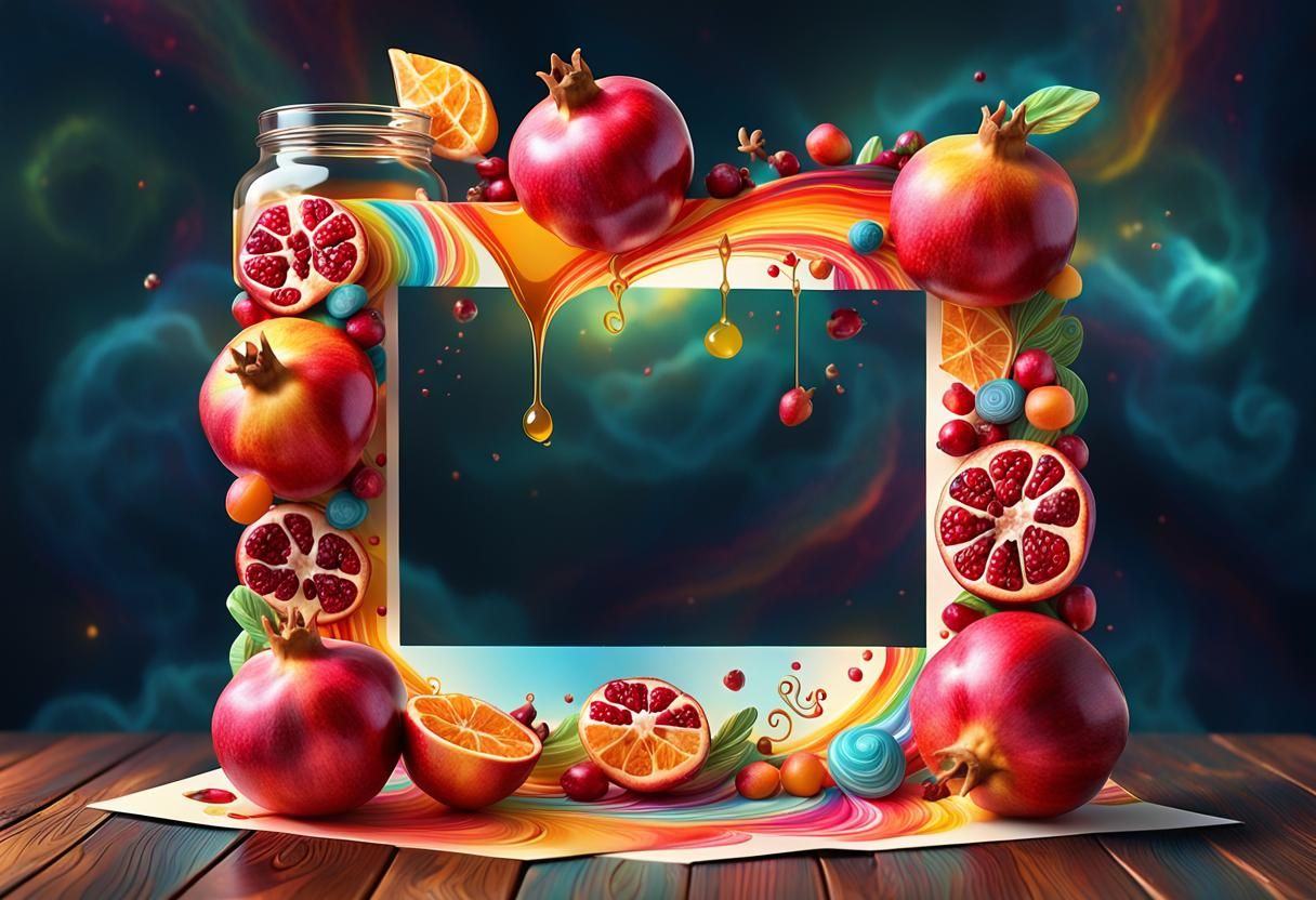 Candy Art Fractal Postcard with Shofar and Pomegranates