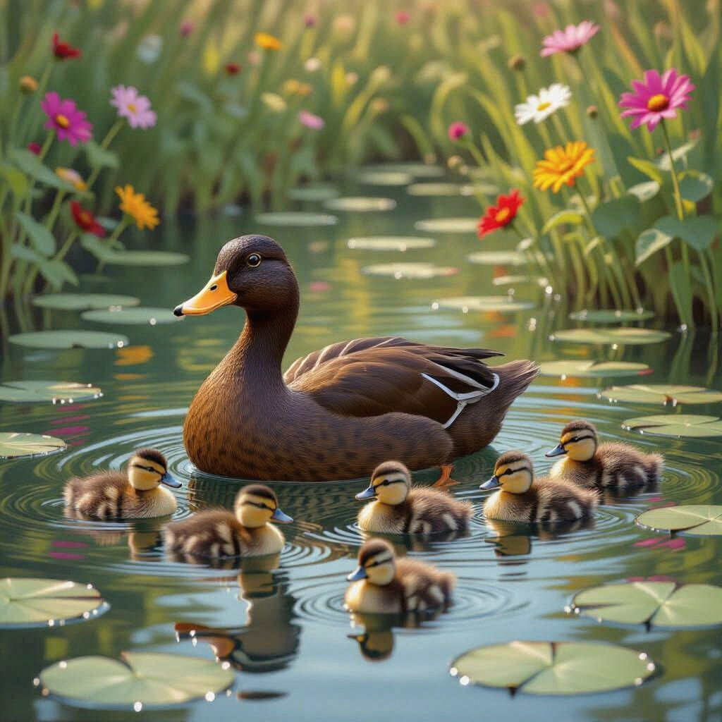 Mother Duck Leads Ducklings in Pond, Photorealistic Style