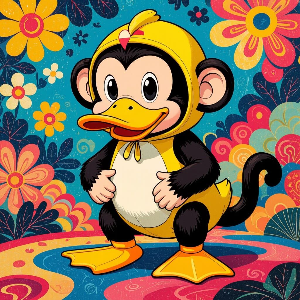 Playful Monkey-Duck in a Murakami Style