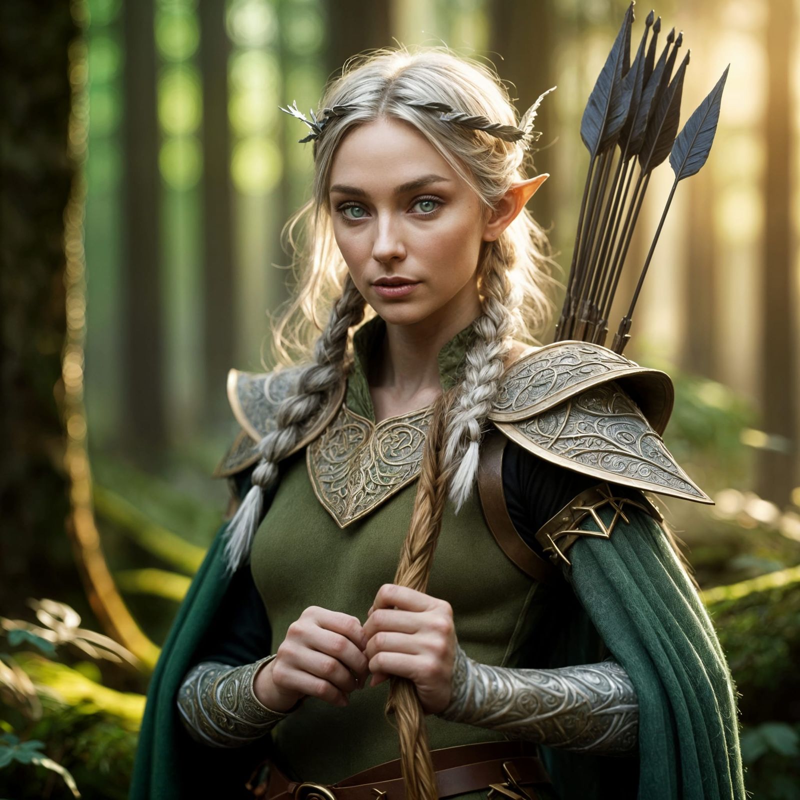 Ethereal Elf Maiden in Moss-Green Attire, Set Amidst a Misty...