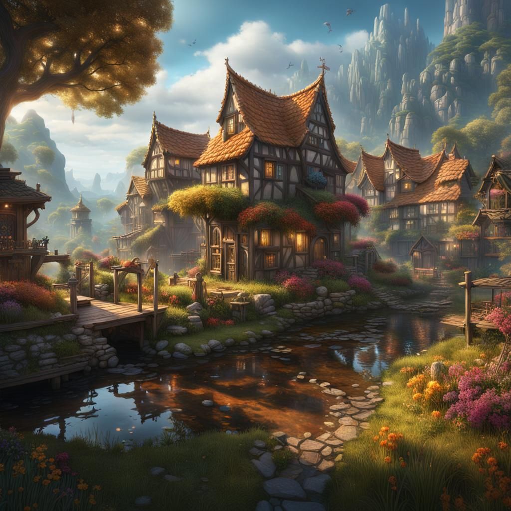 Tiny Serene Village Inside a Glass Rectangle