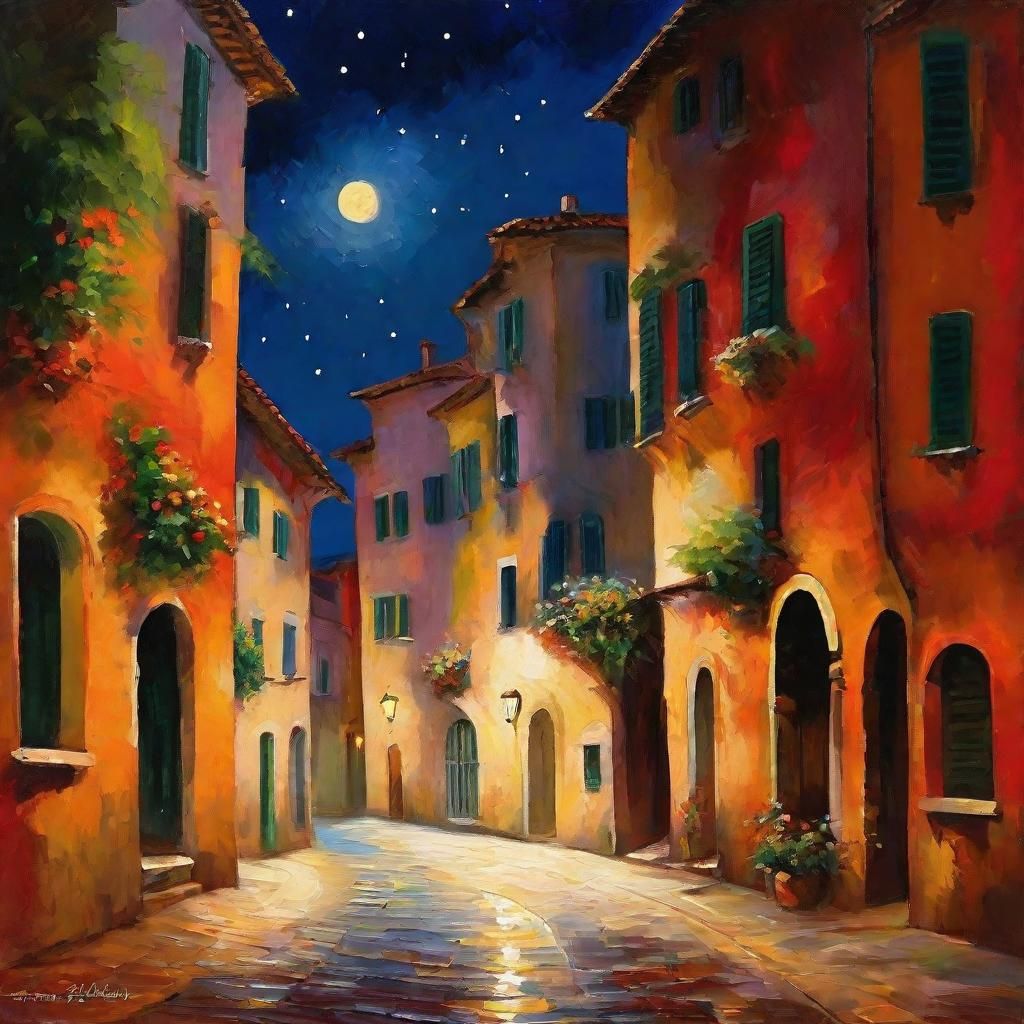 Italian Town at Night: Impressionist Oil Painting