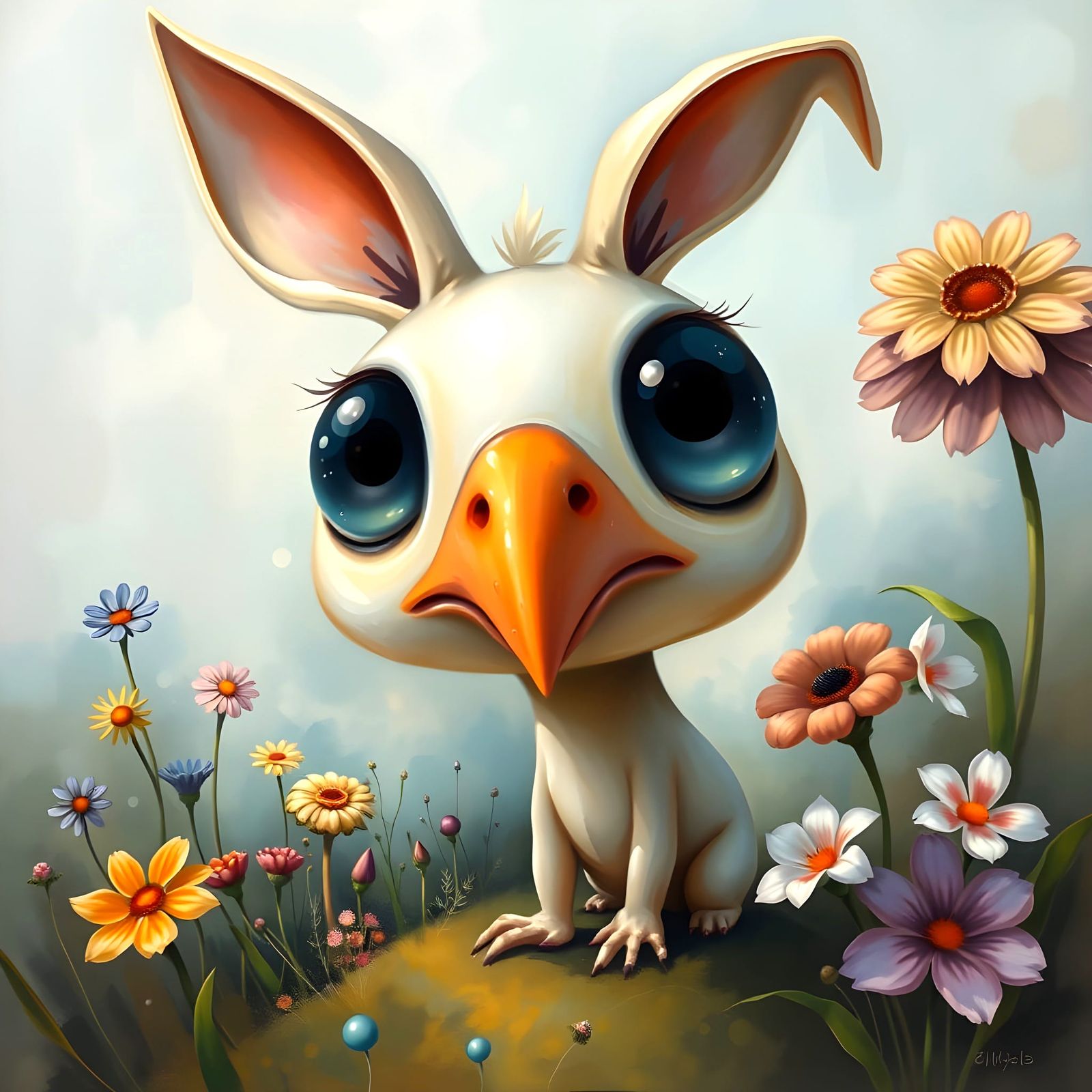 Surreal Bird-Rabbit in Abstract Garden as Gouache Art