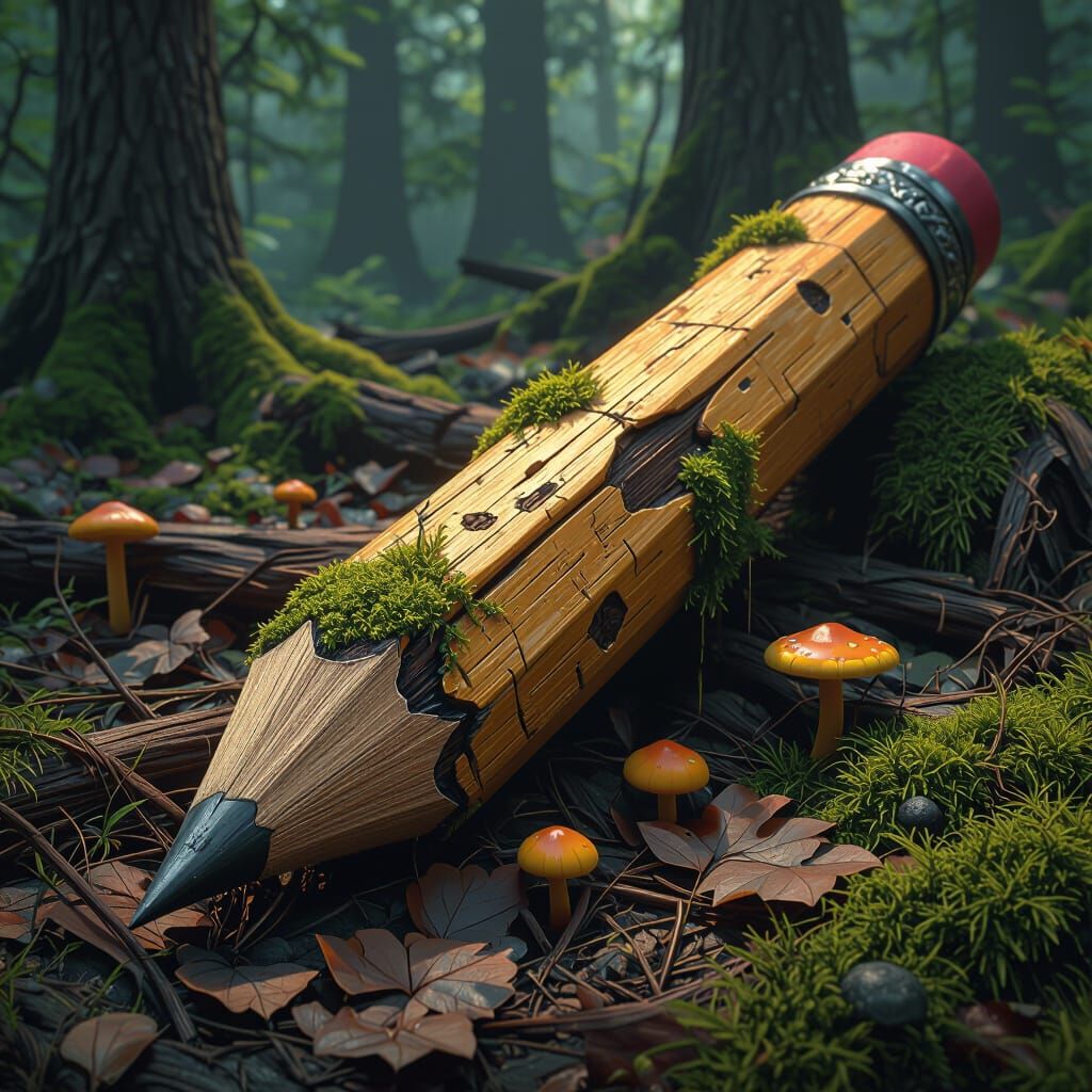 Surreal Forest Floor: Rotting Pencil Log with Mushrooms