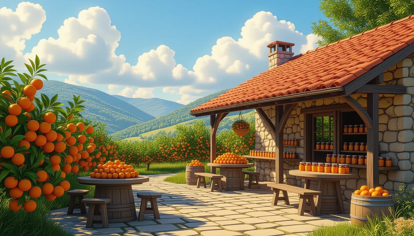 Orange Orchard and Jam Shop in Painterly Style