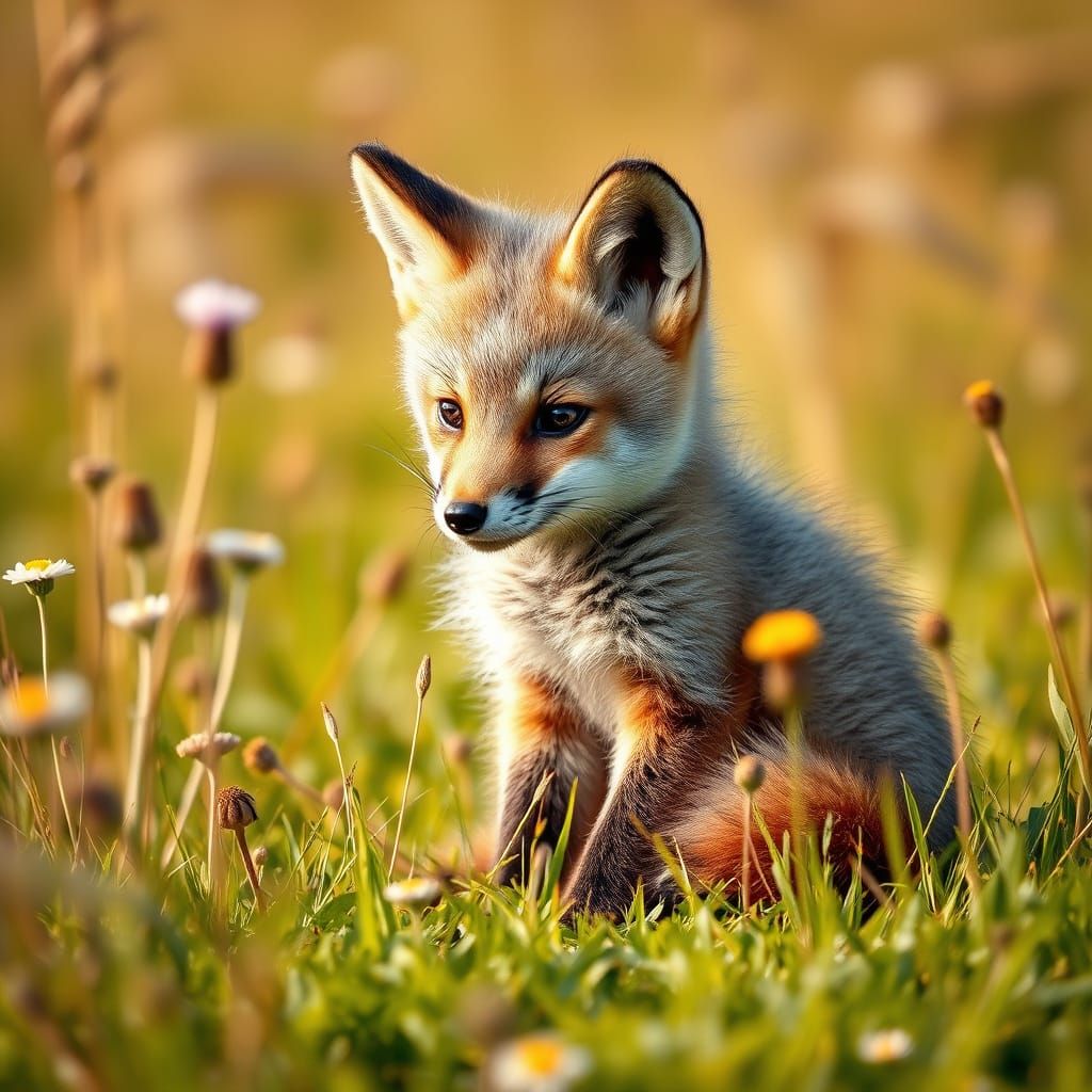 Surreal Grey Fox Kit in Vibrant Wildflower Meadow