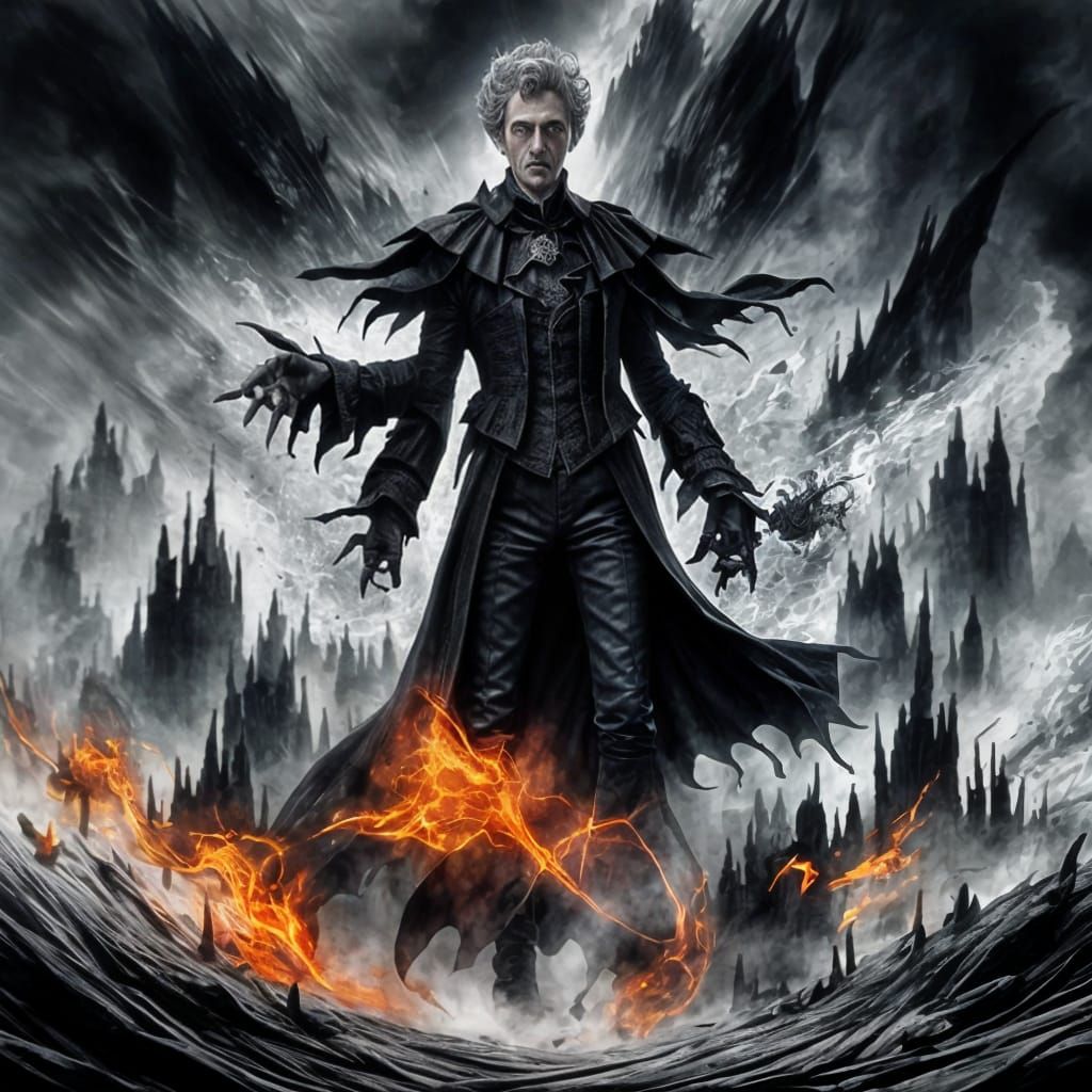 Mysterious Dark Mage in Ancient Oriental Attire, Watercolor....