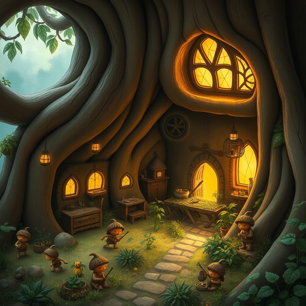 Whimsical Acorn Village in a Majestic Baobab Tree