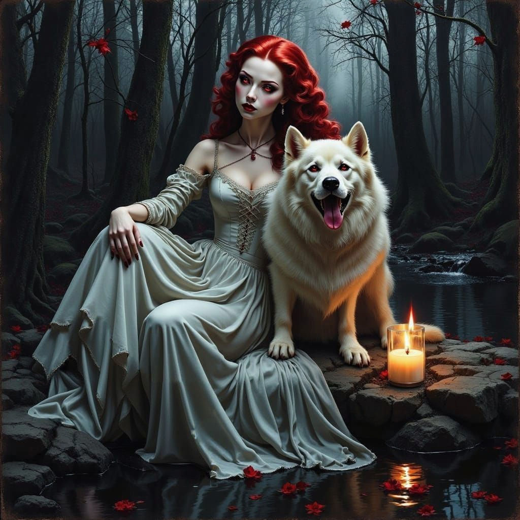 Vampire Woman and Dog by River in Forest Watercolor