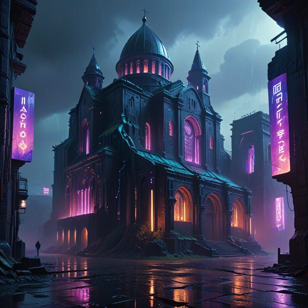 Cyberpunk Monastery Retrofitted with Neon Lights